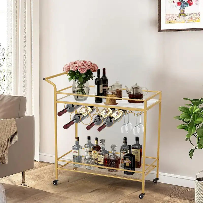 Chariot de bar EROMMY doré avec roues, desserte à roulettes avec porte-bouteilles et porte-verres, chariot de bar moderne pour cuisine à domicile.