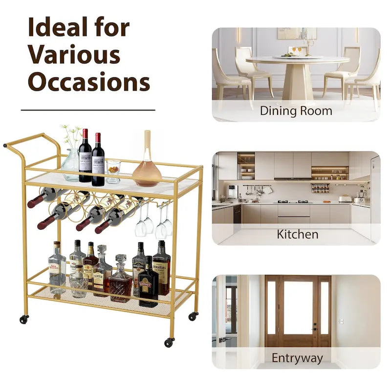 Chariot de bar EROMMY doré avec roues, desserte à roulettes avec porte-bouteilles et porte-verres, chariot de bar moderne pour cuisine à domicile.