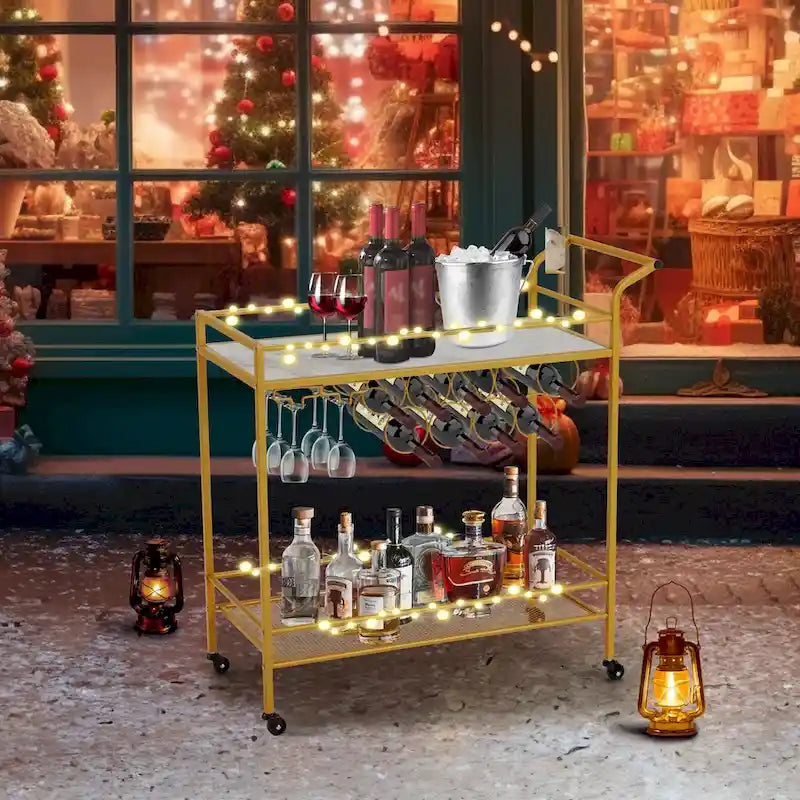 Chariot de bar EROMMY doré avec roues, desserte à roulettes avec porte-bouteilles et porte-verres, chariot de bar moderne pour cuisine à domicile.