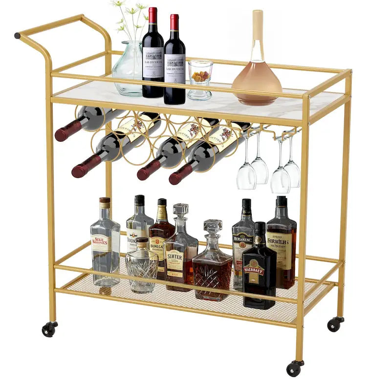 Chariot de bar EROMMY doré avec roues, desserte à roulettes avec porte-bouteilles et porte-verres, chariot de bar moderne pour cuisine à domicile.