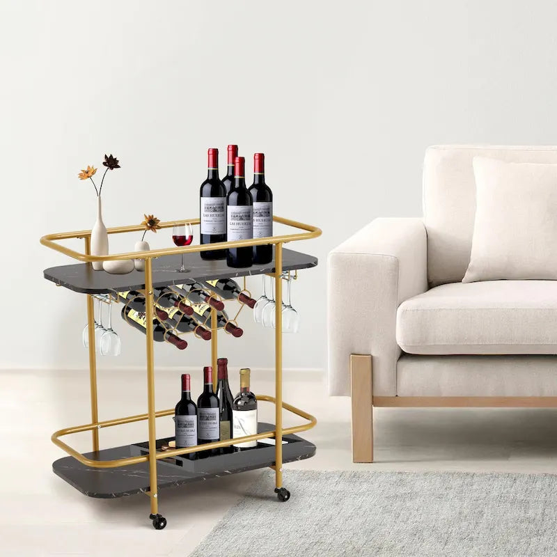 Chariot de bar EROMMY doré avec roues, desserte à roulettes avec porte-bouteilles et porte-verres, chariot de bar moderne pour cuisine à domicile.