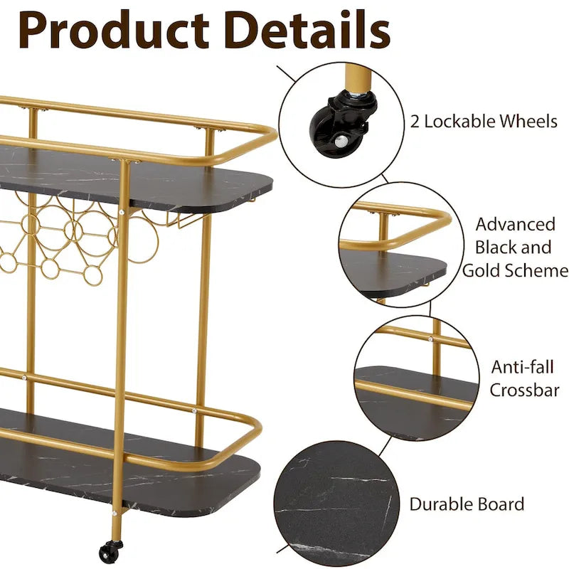 Chariot de bar EROMMY doré avec roues, desserte à roulettes avec porte-bouteilles et porte-verres, chariot de bar moderne pour cuisine à domicile.