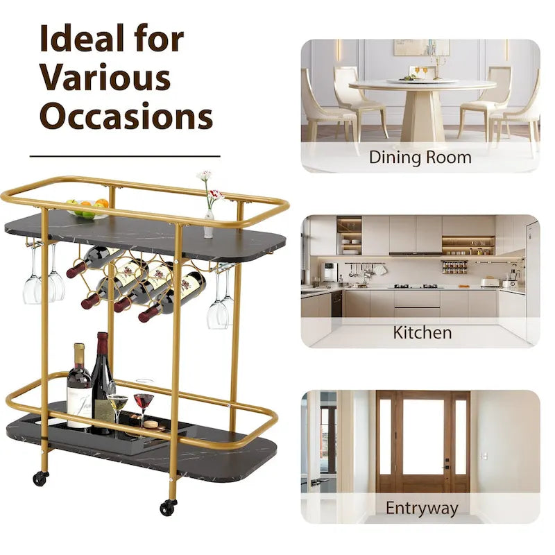 Chariot de bar EROMMY doré avec roues, desserte à roulettes avec porte-bouteilles et porte-verres, chariot de bar moderne pour cuisine à domicile.