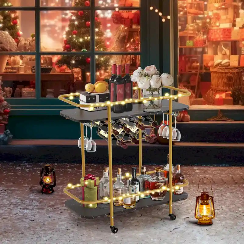 Chariot de bar EROMMY doré avec roues, desserte à roulettes avec porte-bouteilles et porte-verres, chariot de bar moderne pour cuisine à domicile.