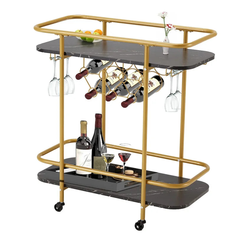 Chariot de bar EROMMY doré avec roues, desserte à roulettes avec porte-bouteilles et porte-verres, chariot de bar moderne pour cuisine à domicile.
