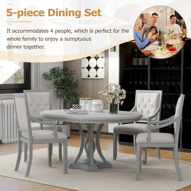 Ensemble de salle à manger 5 pièces en bois gris antique rétro avec table ronde extensible et 4 chaises