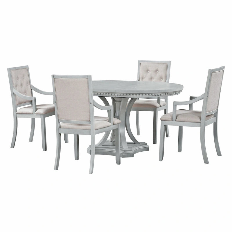 Ensemble de salle à manger 5 pièces en bois gris antique rétro avec table ronde extensible et 4 chaises