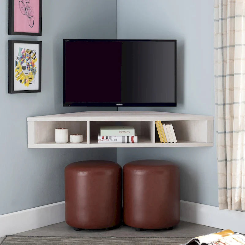 Meuble TV d'angle flottant 47", 3 étagères, style transitionnel, fixation murale peu encombrante