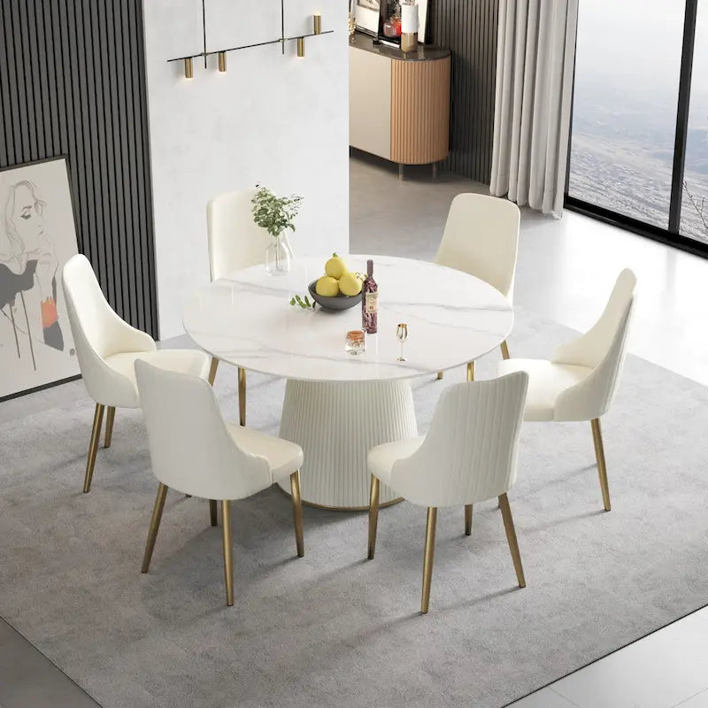 Table de salle à manger ronde de 53 pouces pour 6 personnes avec plateau en pierre frittée et plateau tournant