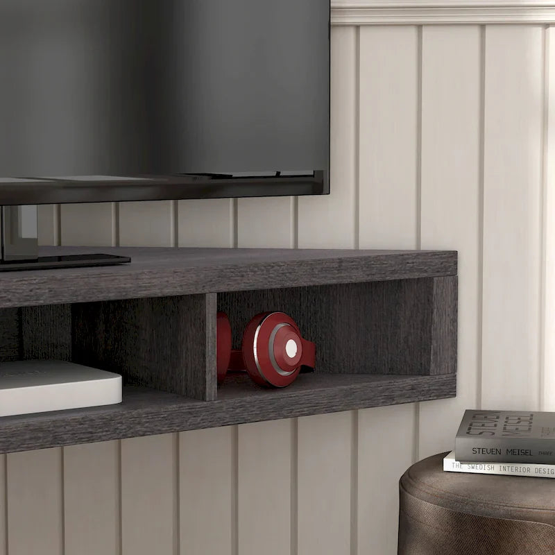 Meuble TV d'angle flottant 47", 3 étagères, style transitionnel, fixation murale peu encombrante