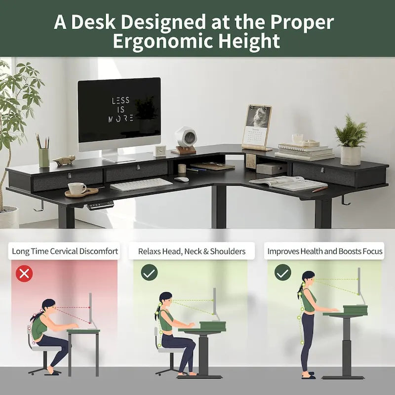 Bureau d'angle électrique debout avec 3 tiroirs et roulettes verrouillables, 160