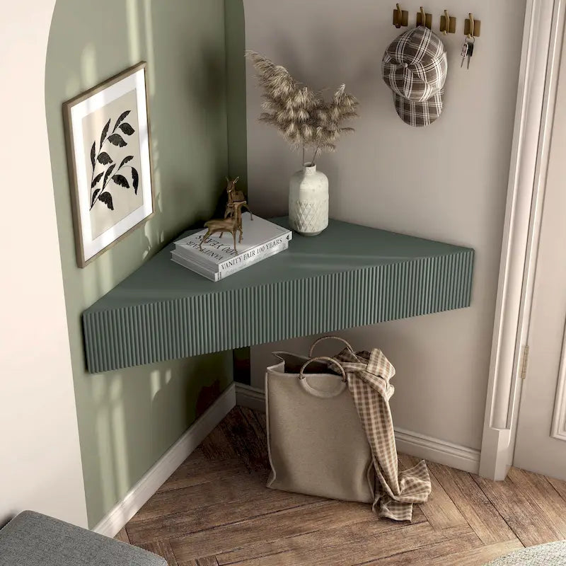 Meuble TV d'angle flottant 47", 3 étagères, style transitionnel, fixation murale peu encombrante