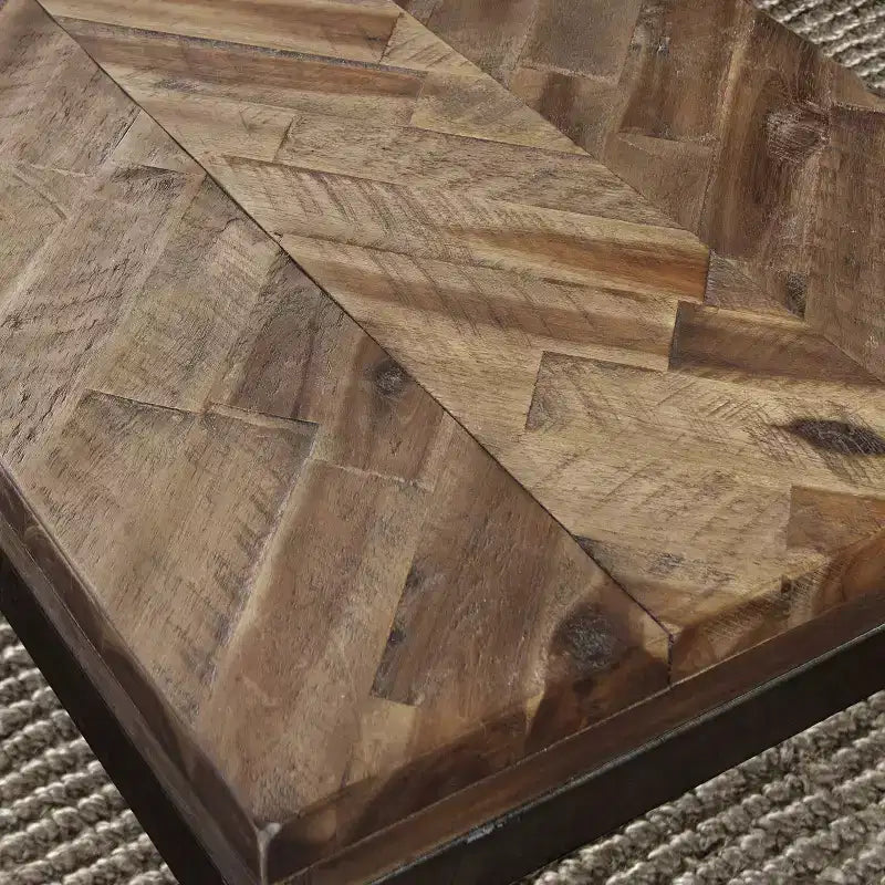 Square End Table with Acacia Herringbone Top & Vintage Nickel Metal Base, 24"