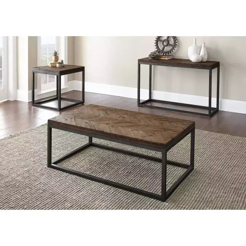 Square End Table with Acacia Herringbone Top & Vintage Nickel Metal Base, 24"