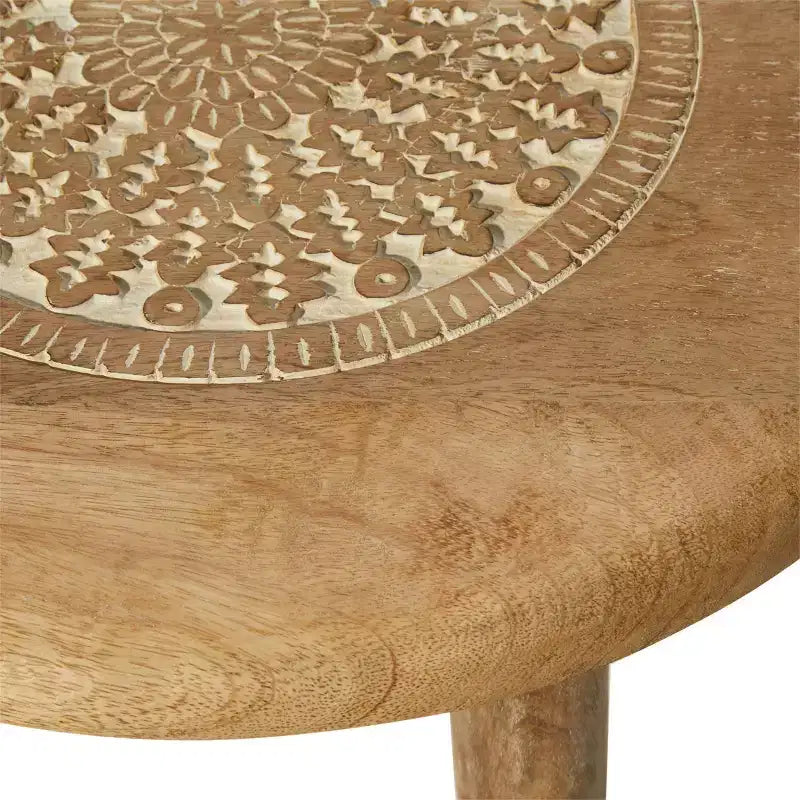 Traditional Mango Wood Carved Tripod Accent Table, Brown, Handcrafted