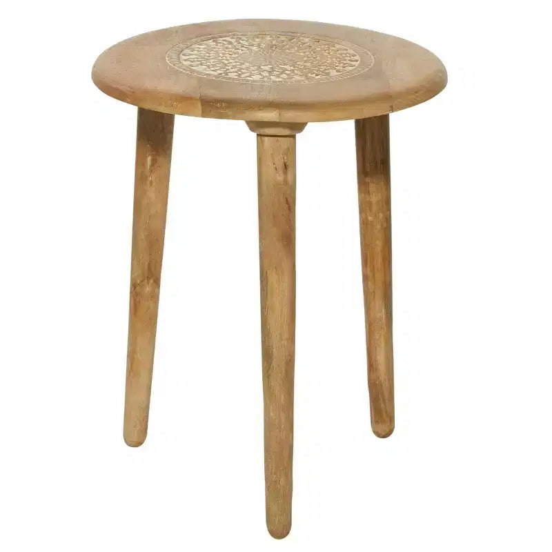 Traditional Mango Wood Carved Tripod Accent Table, Brown, Handcrafted