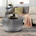 Round Metal Coffee Table, Antique Silver with Hammered Texture, No Assembly Required
