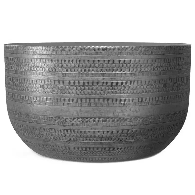 Round Metal Coffee Table, Antique Silver with Hammered Texture, No Assembly Required