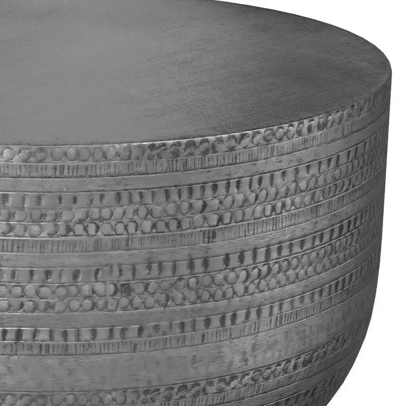 Round Metal Coffee Table, Antique Silver with Hammered Texture, No Assembly Required