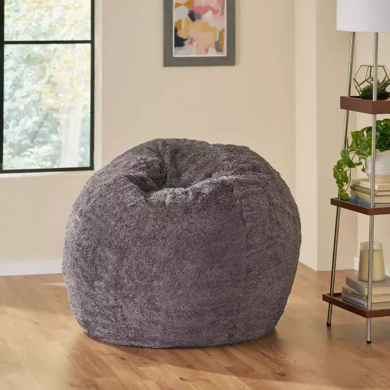34 Inch Modern Glam Faux Fur Winter Bean Bag, Brown and Beige