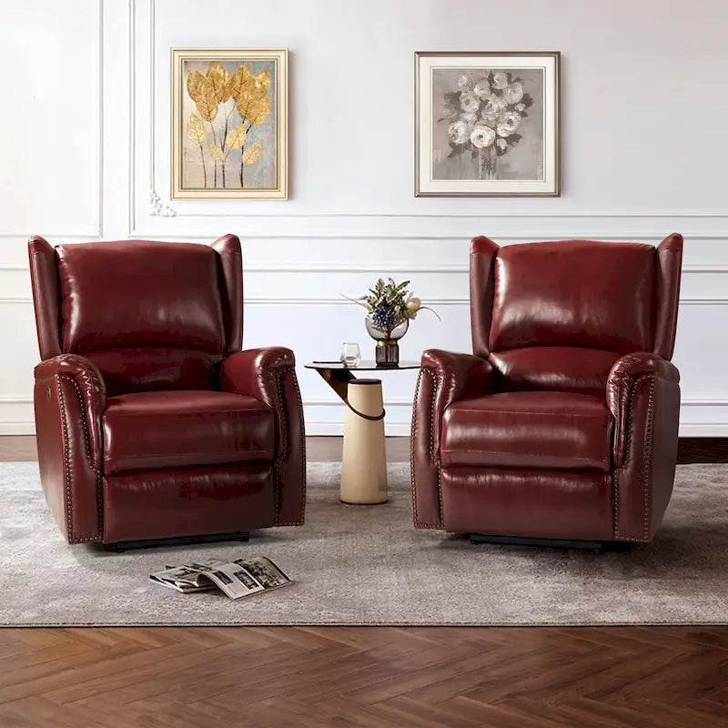 Fauteuil inclinable électrique en cuir véritable avec port USB – Dossier ailé et clous, lot de 2