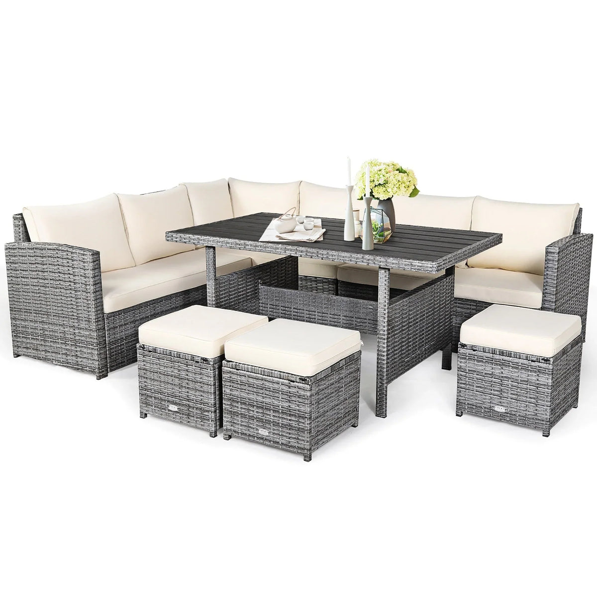 Ensemble de salle à manger Costway 7 pièces en rotin pour terrasse, canapé sectionnel et pouf - Voir détails