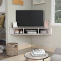 Meuble TV d'angle flottant 47", 3 étagères, style transitionnel, fixation murale peu encombrante