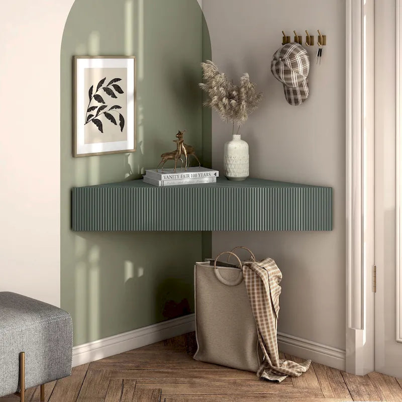Meuble TV d'angle flottant 47", 3 étagères, style transitionnel, fixation murale peu encombrante