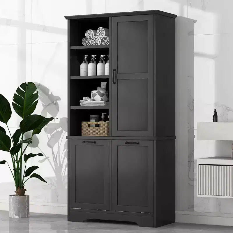 Meuble de rangement de salle de bain avec portes et tiroirs, panier à linge inclinable, plusieurs espaces de rangement, style autoportant