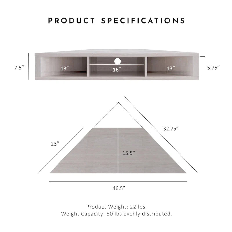 Meuble TV d'angle flottant 47", 3 étagères, style transitionnel, fixation murale peu encombrante