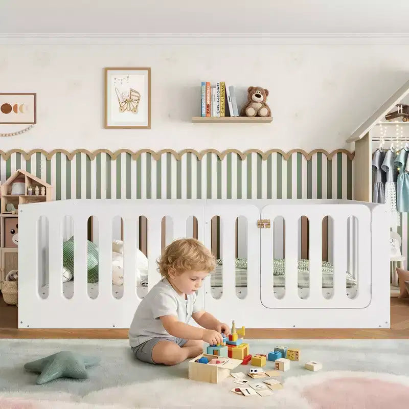 Lit de sol Montessori double blanc avec barrières et porte – Bois massif, 1 enfant