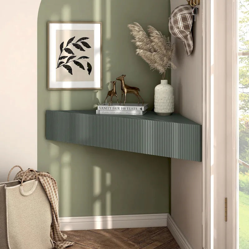 Meuble TV d'angle flottant 47", 3 étagères, style transitionnel, fixation murale peu encombrante