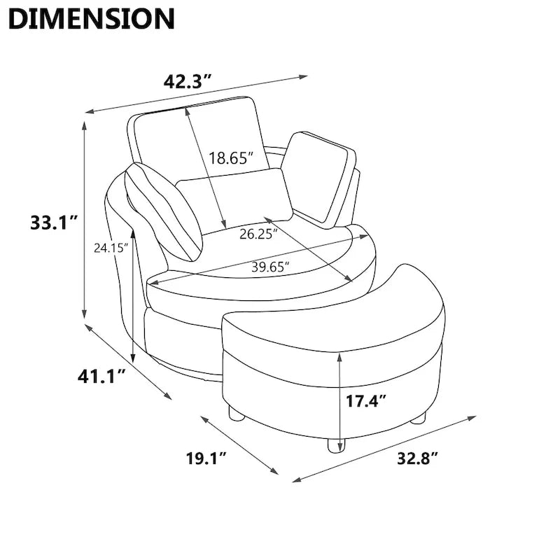Fauteuil d'appoint pivotant rembourré 42,3 W avec 4 oreillers et pouf de rangement demi-lune