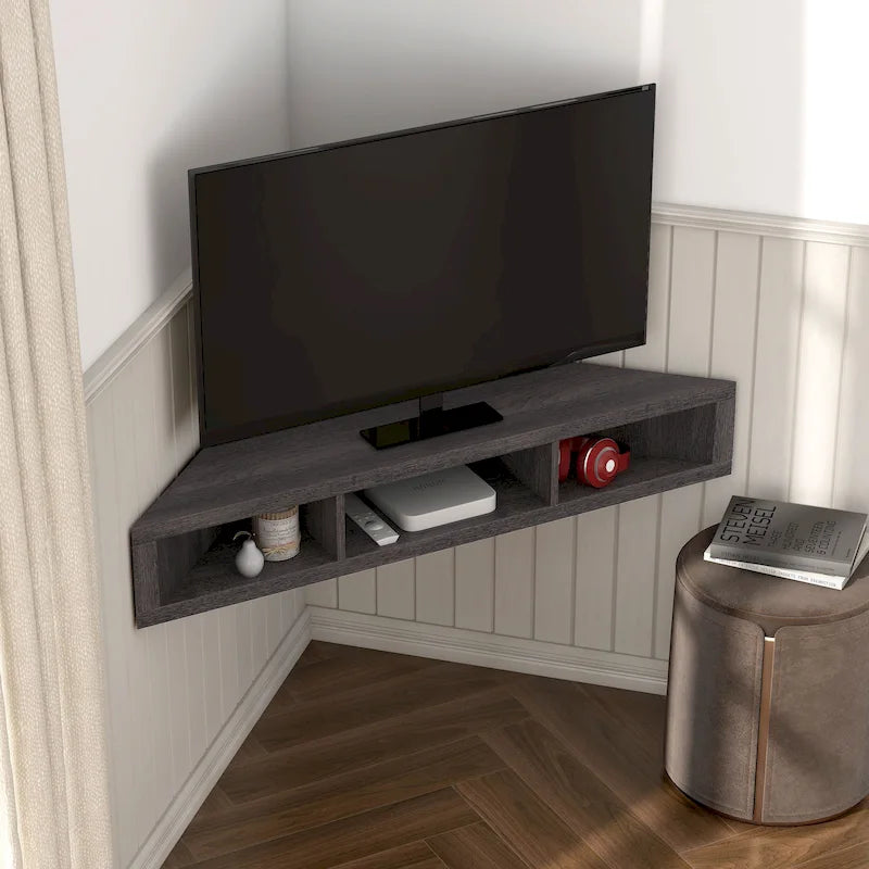 Meuble TV d'angle flottant 47", 3 étagères, style transitionnel, fixation murale peu encombrante