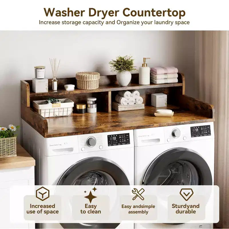 Comptoir de lave-linge et sèche-linge à 2 niveaux avec étagère ou tiroirs, couvercle de comptoir de buanderie avec coussin antidérapant, 54x27,5 - Dessus de lave-linge pour plier les vêtements
