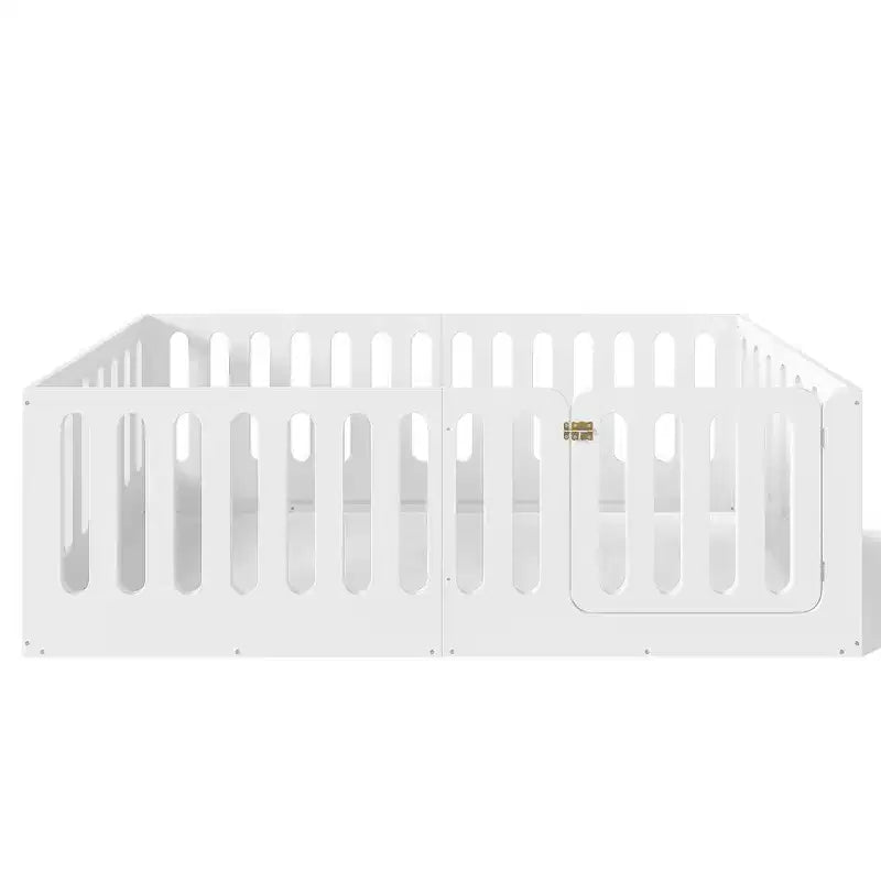 Lit de sol Montessori double blanc avec barrières et porte – Bois massif, 1 enfant