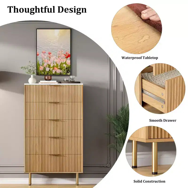 Commode à 5 tiroirs blanche / marbre et bois – Panneau cannelé, pour 1 personne