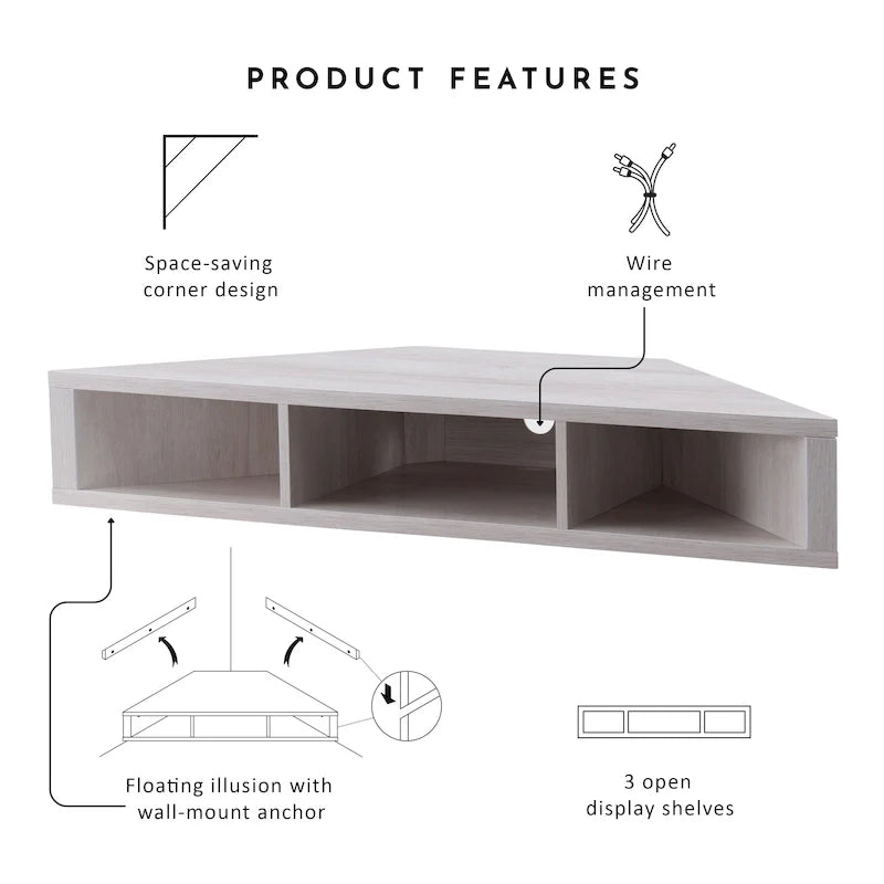 Meuble TV d'angle flottant 47", 3 étagères, style transitionnel, fixation murale peu encombrante