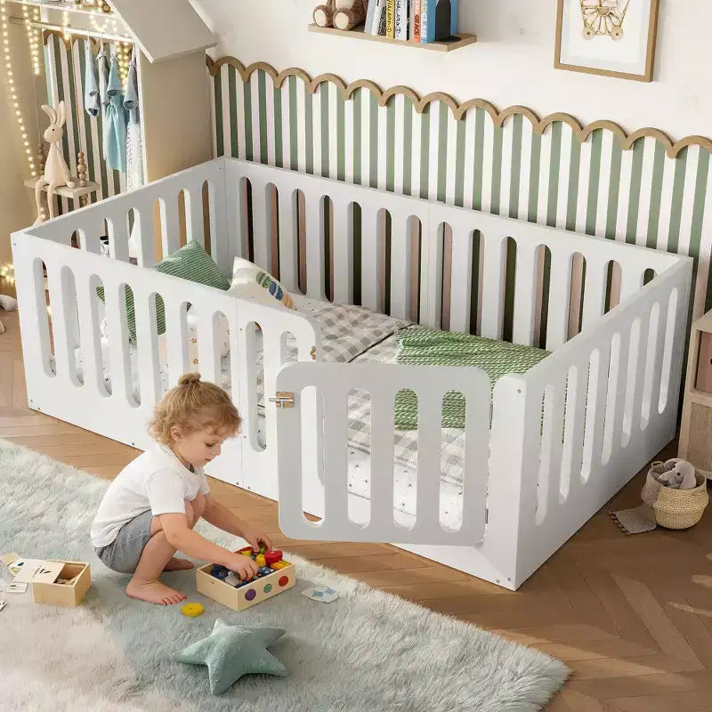Lit de sol Montessori double blanc avec barrières et porte – Bois massif, 1 enfant