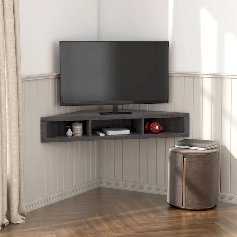 Meuble TV d'angle flottant 47", 3 étagères, style transitionnel, fixation murale peu encombrante