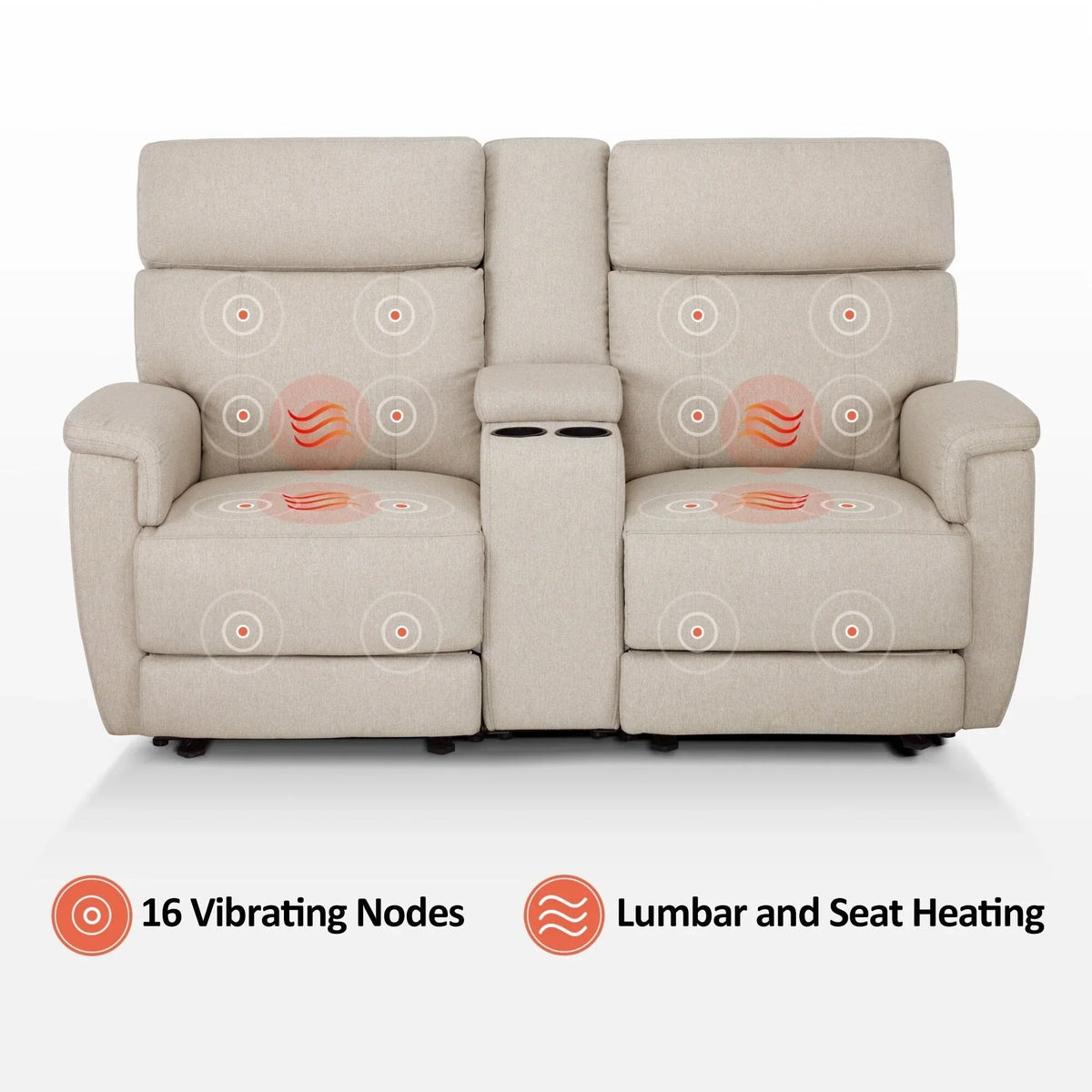Canapé inclinable électrique MCombo 60,2 po avec massage et double chauffage, appuie-tête réglable, ports USB et Type C, tissu