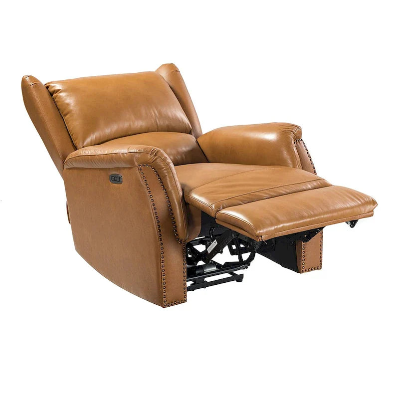 Fauteuil inclinable électrique en cuir véritable avec port USB – Dossier ailé et clous, lot de 2