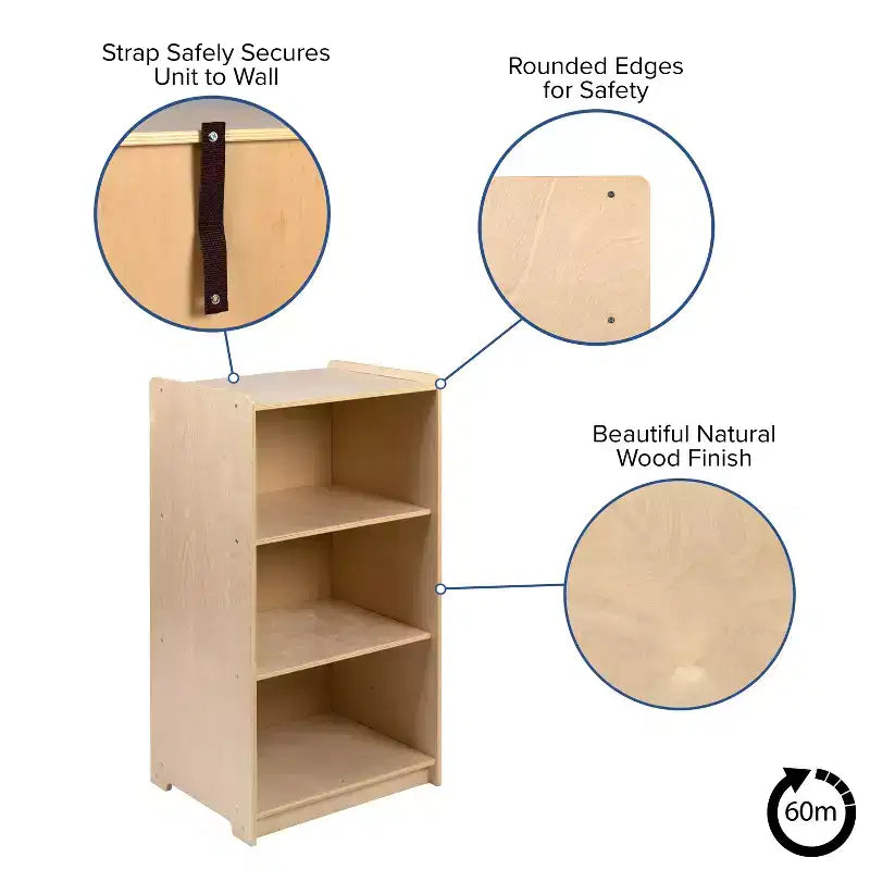 Wooden 3-Section School Classroom Storage Cabinet, Kid Friendly Design, 36"H, Natural