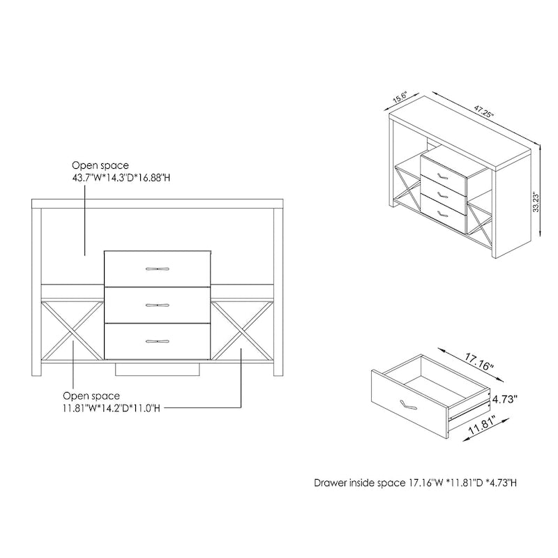 Buffet Mystal industriel de Furniture of America, effet béton, 3 tiroirs
