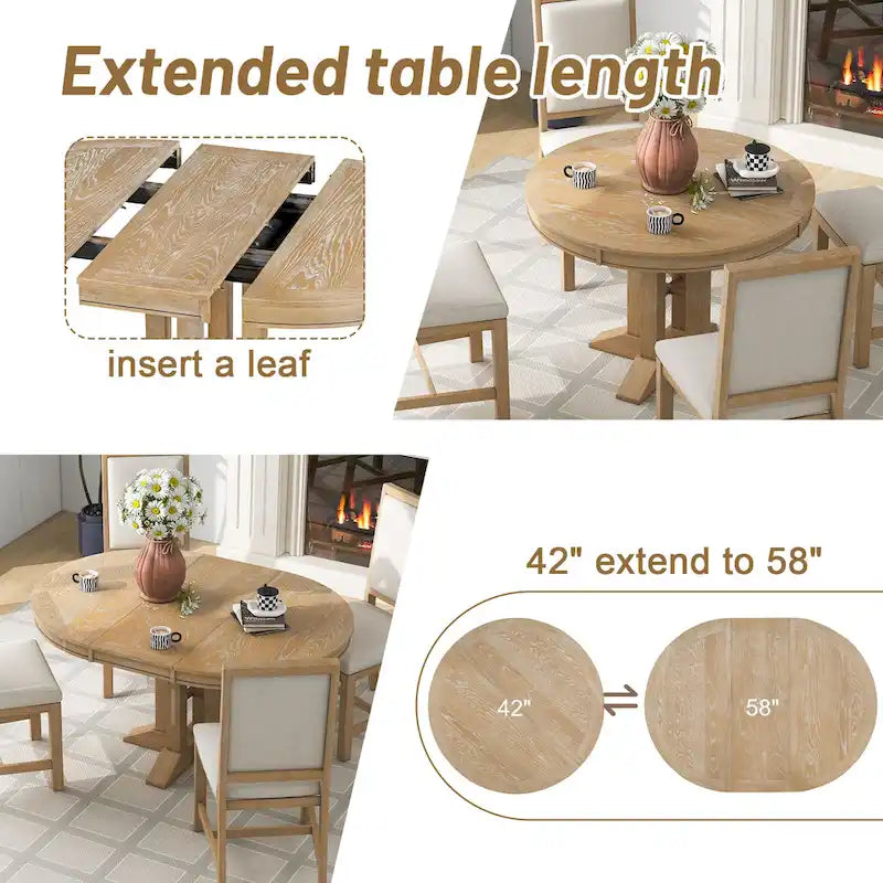 TREXM Table à manger de style rustique, table ronde extensible pour cuisine et salle à manger
