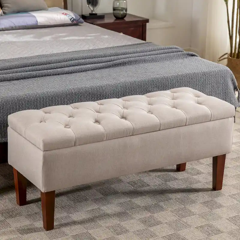 Banc de rangement ottoman en tissu Ugo Porthos Home avec pieds en bois d'hévéa