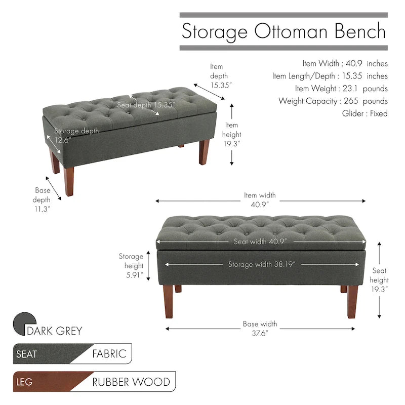 Banc de rangement ottoman en tissu Ugo Porthos Home avec pieds en bois d'hévéa