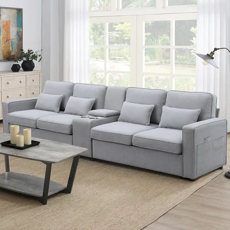Canapé rembourré avec console, 2 porte-gobelets et 2 ports USB (chargement filaire ou sans fil)