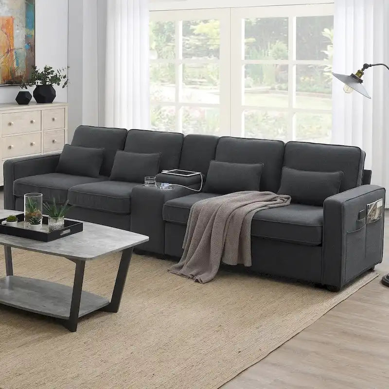 Canapé rembourré avec console, 2 porte-gobelets et 2 ports USB (chargement filaire ou sans fil)