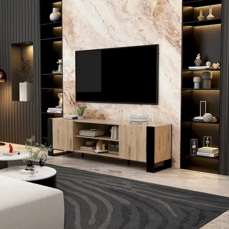 Meuble TV effet bois avec cheminée électrique optionnelle : Gestion des câbles